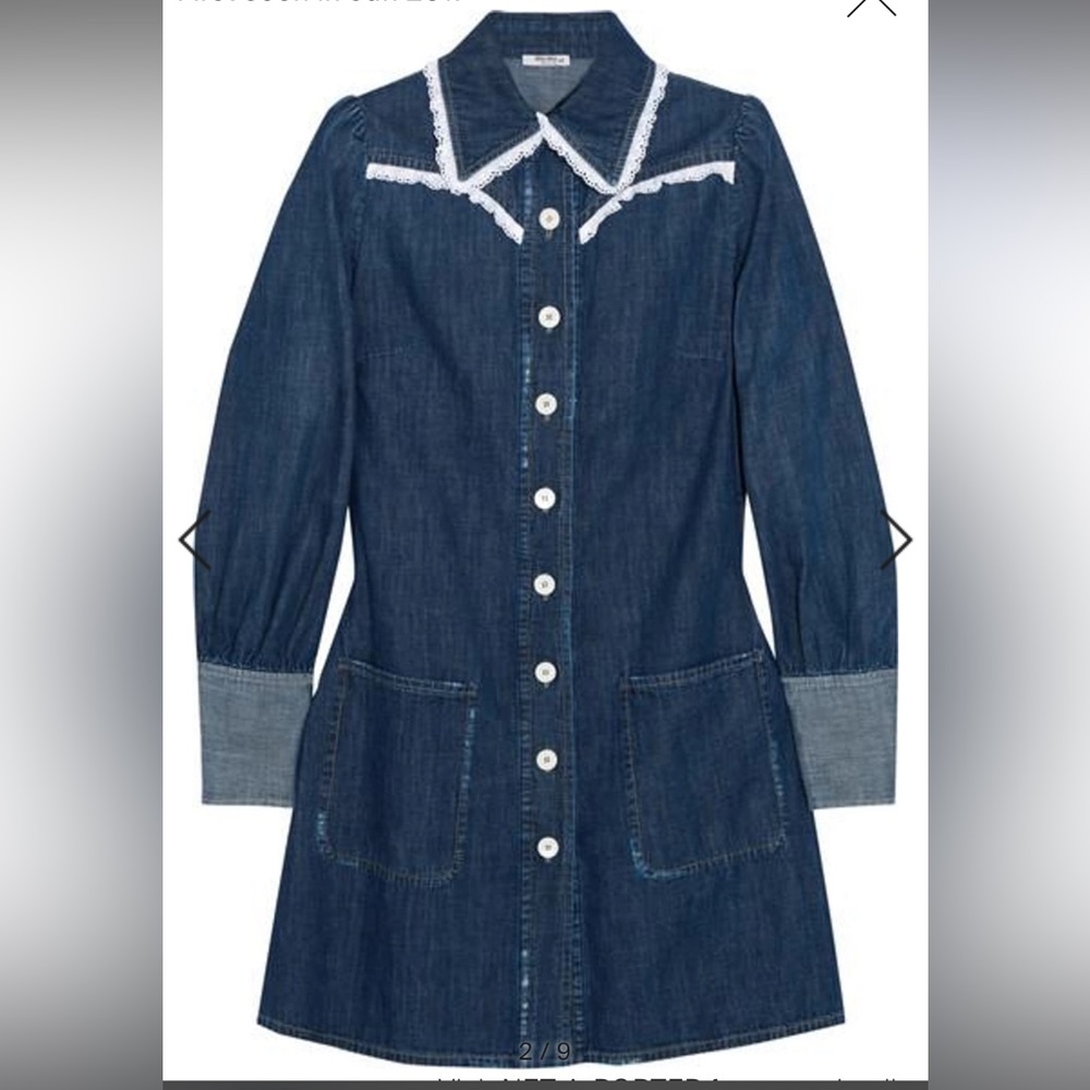 Miu Miu BRODERIE ANGLAISE-TRIMMED DENIM MINI DRESS IN LLUETTE